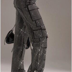 AKIRA Black Crystal-Studded Wide-Leg Cargo Pants